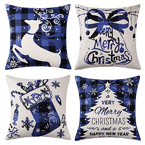 CAROMIO Kissenbezug Weihnachten Weihnachtsdekoration Hirsch Weihnachtskissenbezug 4 Stück Kissenbezüge Frohe Weihnachten Weihnachten Kissenhülle für Sofa Deko Weihnachten 45 x 45 cm Blau von CAROMIO