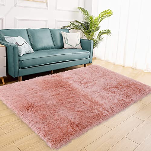 CAROMIO Kunstfell Teppich Flauschiger Teppich rutschfest Hochflor Bodenteppiche für Wohnzimmer Schlafzimmer Teppich Kinderzimmer Bettvorleger Sofa Matte, Rosa Rechteck 90x160 cm von CAROMIO