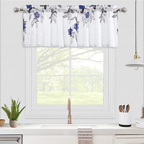 CAROMIO Kurzvorhang für Küche Transparenter Kleiner Vorhang Volant Landhausstil Kurzstores Scheibengardine Bedruckt für Küchenfenster Blaue Blume/Weiß, 132x38 cm, 1 Stück von CAROMIO