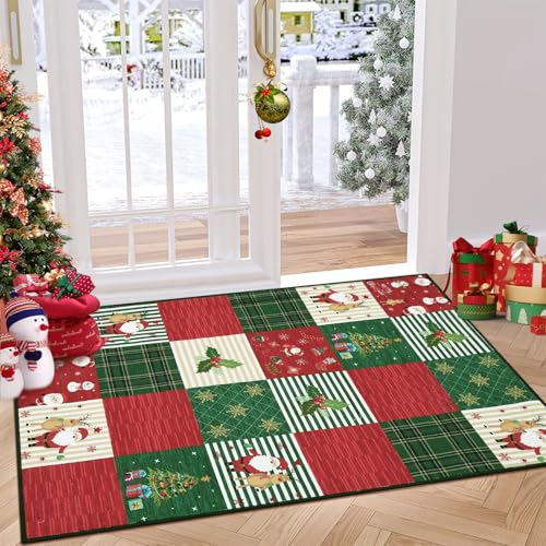 CAROMIO Maschinenwaschbarer Flächenteppich für Schlafzimmer Innenbereich Überwurfteppich Weihnachtsbaum Schneeflocke Dekorativer Wohnzimmerteppich, Rot/Grün 120 x 170 cm von CAROMIO