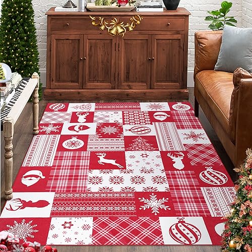 CAROMIO Maschinenwaschbarer Teppich für Schlafzimmer, Innenbereich Überwurf Teppich Weihnachtsbaum Schneeflocke Dekorativer Wohnzimmerteppich, Rot 120 x 170 cm von CAROMIO