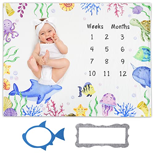 CAROMIO Babydecke Meilenstein Monatsdecke Junge Mädchen Personalisierte Geschenke Baby Decke Neugeborenen Flanell Decke Meerestiere Bedruckte Decke 130cm x 102cm von CAROMIO