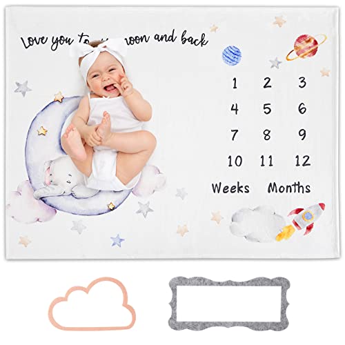 CAROMIO Babydecke Meilenstein Monatsdecke Junge Mädchen Personalisierte Geschenke Baby Decke Neugeborenen Flanell Decke Mond und Elefantenbaby Bedruckte Decke 130cm x 102cm von CAROMIO