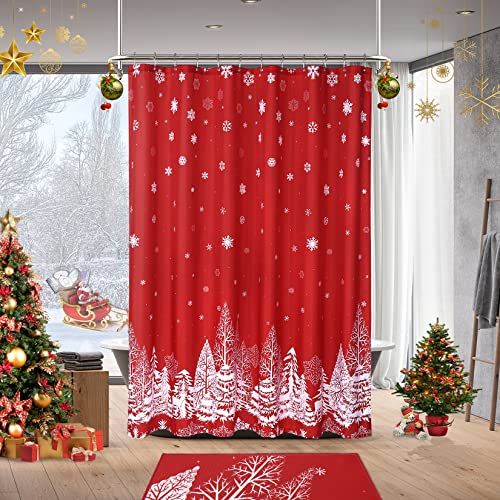 CAROMIO Merry Christmas Duschvorhang, wasserdicht, Frohes neues Jahr, Weihnachtsbaum und Schneemuster, wasserdichte Badezimmer-Badevorhänge, 90 x 180 cm, Rot von CAROMIO