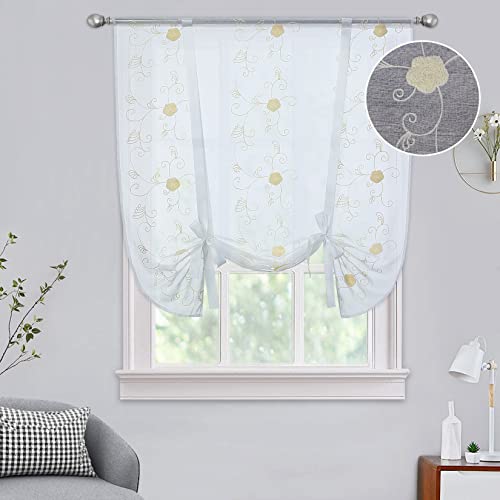 CAROMIO Raffrollo Stickerei Blumen Voile Raffgardine Transparent Gardine Vorhang Schlaufenschal Deko für Wohnzimmer Schlafzimmer Studierzimmer Beige, BxH 120x140, 1 Stück von CAROMIO