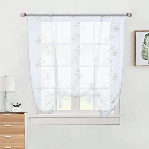 CAROMIO Raffrollo mit Blumen Stickerei Raffgardinen Gardinen Küche halbtransparent Rollo Vorhänge Modern Voile Beige BxH 60x140cm 1 Stück von CAROMIO