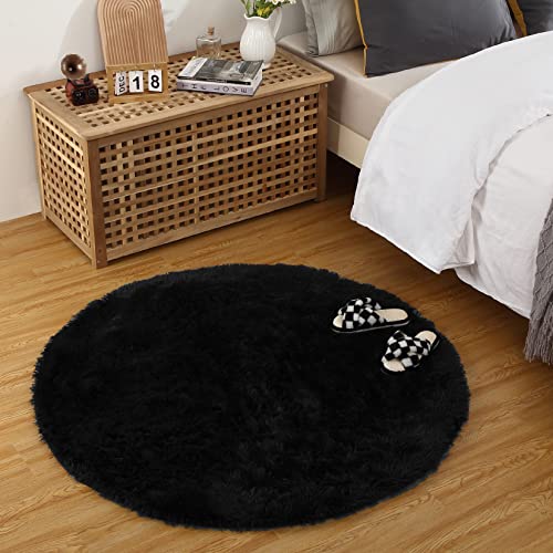 CAROMIO Runder Hochflor-Teppich für Schlafzimmer Wohnzimmer Kinderzimmer Zuhause Dekorativer Rutschfester Flauschiger Pelzteppich Bequemer Kinderzimmer Akzent Bodenteppich, Schwarz 120 x 120 cm von CAROMIO