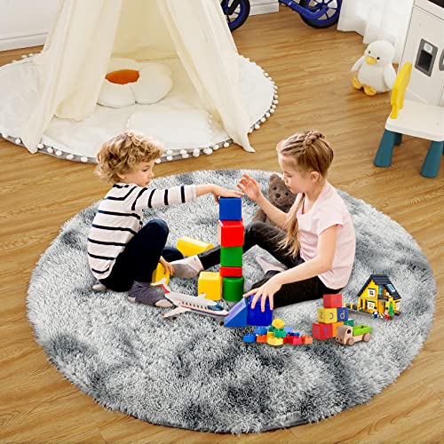 CAROMIO Runder Hochflor-Teppich für Schlafzimmer Wohnzimmer Wohnheim Kinderzimmer Zuhause Dekorativer Rutschfester Flauschiger Pelzteppich Bequemer Kinderzimmer Akzent Bodenteppich, Grau 120 x 120 cm von CAROMIO