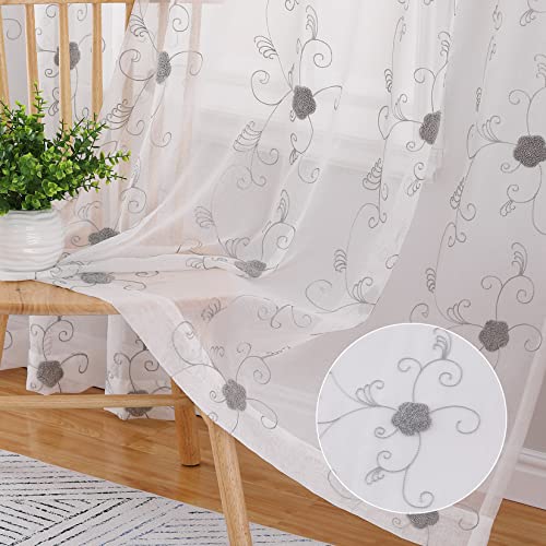 CAROMIO Sheer Voile Vorhang Blumen Stickerei Vorhänge Ösenvorhang in Leinenoptik Gardinen Fensterschal Transparent für Wohnzimmer Schlafzimmer Kinderzimmer, 2er Set, Grau 140×175cm von CAROMIO