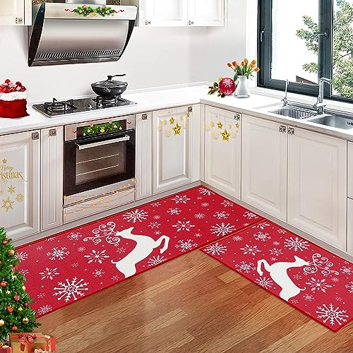 CAROMIO Schneeflocken Elch Weihnachts Küchenteppich, 2er Set rutschfeste Waschbare Küchen Fußmatten für Winter Heimküche Weihnachtsdekoration Rot 40 x 60 cm + 40 x 120 cm von CAROMIO