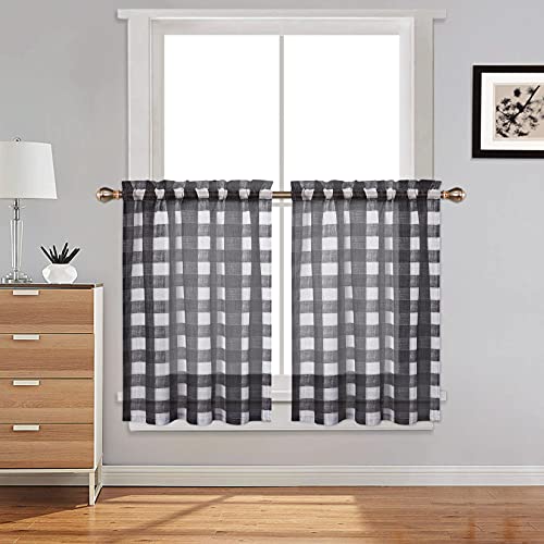 CAROMIO Sheer Kurzstore Kariert Gingham Kurzvorhang,kurz Hälfte Fenster Vorhänge Landhausstil Küchenvorhang Kleinfenster Gardinen mit Karo,2 er Set,Schwarz mit weiß,71x91 cm(26x36 inch) von CAROMIO