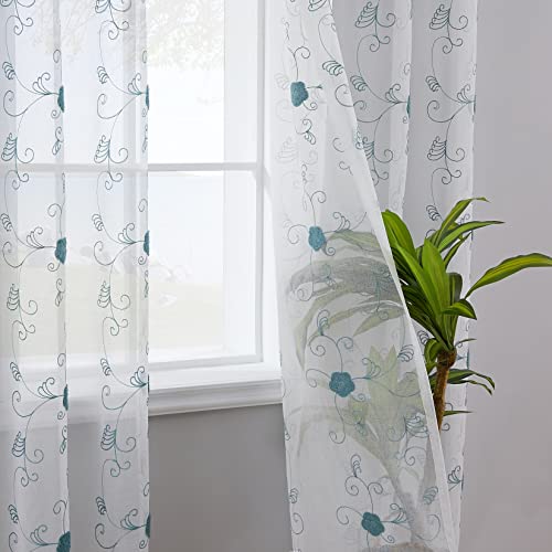 CAROMIO Sheer Voile Vorhang Blumen Stickerei Vorhänge Ösenvorhang in Leinenoptik Gardinen Fensterschal Transparent für Wohnzimmer Schlafzimmer Kinderzimmer, 2er Set, Türkis 140×175cm von CAROMIO