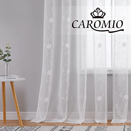 CAROMIO Sheer Voile Vorhang Blumen Stickerei Vorhänge Ösenvorhang in Leinenoptik Gardinen Fensterschal Transparent für Wohnzimmer Schlafzimmer Kinderzimmer, 2er Set, Weiß 140×175cm von CAROMIO