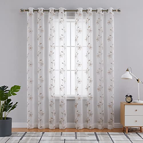 CAROMIO Sheer Voile Vorhang mit Ösen Transparente Gardine,Blumen Stickerei Ösenvorhang Sheer für Schlafzimmer Fensterschals 140 X 260 cm (B x H) Braun 2er Set von CAROMIO