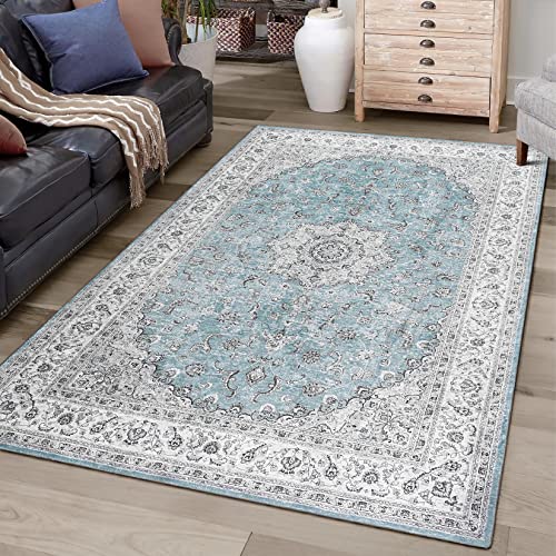 CAROMIO Teppich Wohnzimmer, Dauerhaft Waschbarer Vintage Heimdeko, Wasserdicht & Schmutzabweisender Rutschfester Teppich für Wohnzimmer, Schlafzimmer, Esszimmer, 160 x 230 cm, Blau von CAROMIO