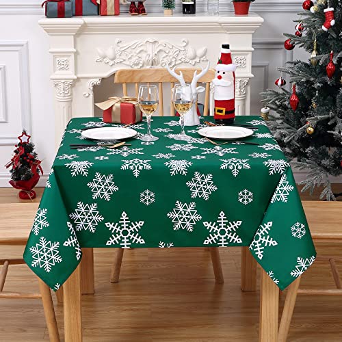 CAROMIO Tischdecke Weihnachten Tischdecken Grün Tischtuch Abwaschbar Wasserabweisend aus Polyester mit Schneeflocken für Weihnachten Festlich Tischdekoration Quadratisch 137x137cm von CAROMIO