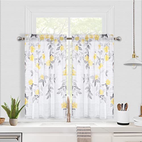 CAROMIO Transparente Kleine Vorhänge Landhausstil Leinenstruktur Scheibengardinen mit Floralem Druck Fenstergardinen Kurzstores für Küche Wohnzimmer, Gelbe Blume, 66x91 cm, 2 Stück von CAROMIO