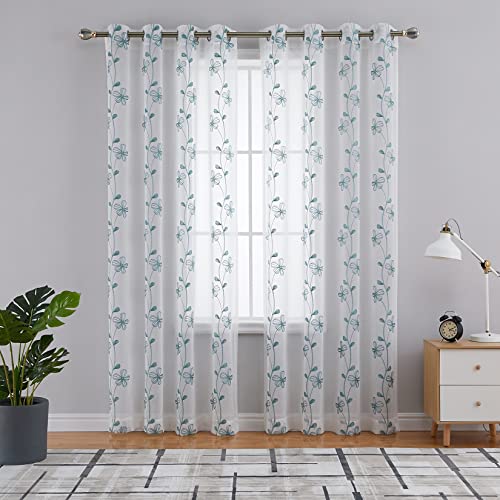 CAROMIO Voile Gardinenschals Ösenvorhang in Leinenoptik Gardinen mit Blumen Stickerei Vorhänge Dekoschals für Wohnzimmer Gardinenschals, Türkis, 2er Set, 140cmx225cm von CAROMIO