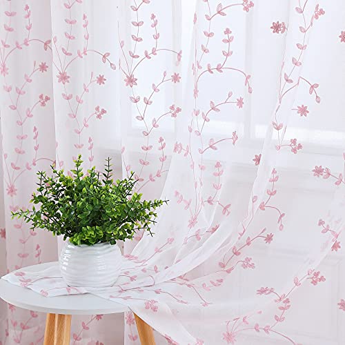 CAROMIO Voile Vorhänge Bestickt Fenster Gardinen 2 Stück Transparente Vorhänge Blumenstickerei Dekoschals für Wohnzimmer Gardinen mit Ösen, Rosa B132cm*H137cm*2 von CAROMIO