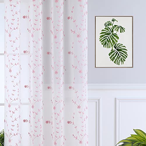 CAROMIO Voile Vorhänge Bestickt Fenster Gardinen 2 Stück Transparente Vorhänge Blumenstickerei Dekoschals für Wohnzimmer Gardinen mit Ösen, Rosa B132cm*H160cm*2 von CAROMIO