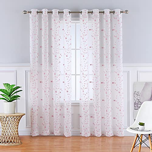 CAROMIO Voile Vorhänge Bestickt Fenster Gardinen 2 Stück Transparente Vorhänge Blumenstickerei Dekoschals für Wohnzimmer Gardinen mit Ösen, Rosa B132cm*H182cm*2 von CAROMIO