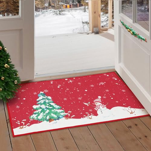 CAROMIO Waschbare Fußmatte Willkommens-Türmatte mit bedrucktem Weihnachtsbaum und Schneemann Dekorative Fußmatte Outdoor Türmatte Anti-Rutsch Gummi Rückseite Rot 40 x 60 cm von CAROMIO