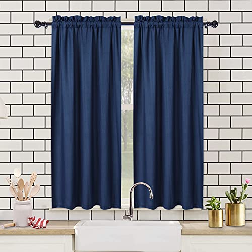 CAROMIO Wasserabweisende Scheibengardinen Modern Halbe Cafe Küchen Scheibengardinen Geprägte Musterstruktur Kurzgardine Kurzstores für Kleinfenster Vorhang Kurz, 2 x B 76 cm x H 114cm, Blau, 2er Set von CAROMIO