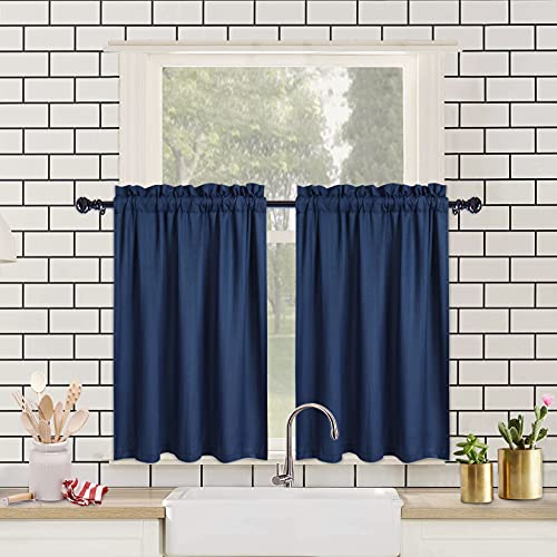 CAROMIO Wasserabweisende Scheibengardinen Modern Halbe Cafe Küchen Scheibengardinen Geprägte Musterstruktur Kurzgardine Kurzstores für Kleinfenster Vorhang Kurz, 2 x B 76 cm x H 61cm, Blau, 2er Set von CAROMIO