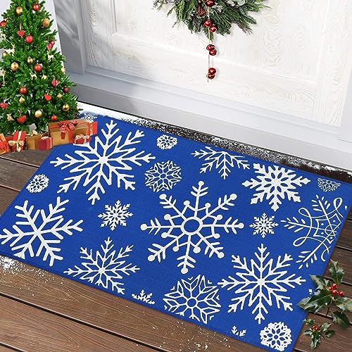 CAROMIO Weihnachts-Fußmatte Rot Innen Fußmatte Waschbare Türmatte für Eingangsbereich Küche Schlafzimmer Weihnachten Dekorative Blaue Fußmatte Anti-Rutsch Bedruckte Schneeflocken 40 x 60 cm von CAROMIO