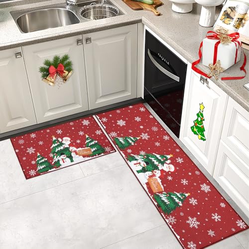 CAROMIO Weihnachts-Küchenmatte Weihnachtsmann, 2er-Set, rutschfeste Dicke Küchenteppiche und Matten für Boden Bequeme Stehmatten für Küchenspüle Büro Wäscherei 40 x 60 + 40 x 120 cm von CAROMIO