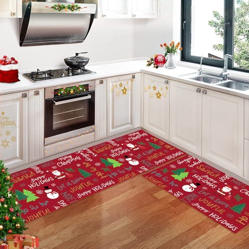 CAROMIO Weihnachts-Küchenteppich, Weihnachts Küchenmatten Sets, 2-teilig, rutschfeste Fußmatte Läufer Teppich-Set Bodenmatte für Heimdekoration, 40 x 60 + 40 x 120 cm von CAROMIO