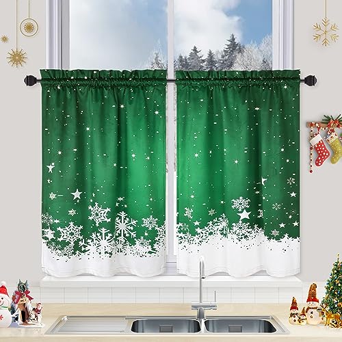 CAROMIO Weihnachts-Küchenvorhänge, grüner Samtvorhänge Set für Fenster, Blumen-Schneeflocken-Dekoration, Café-Vorhänge, wärmeisoliert, Raumverdunkelung, kurzer Vorhang (66 cm B x 61 cm L, 2er-Set von CAROMIO