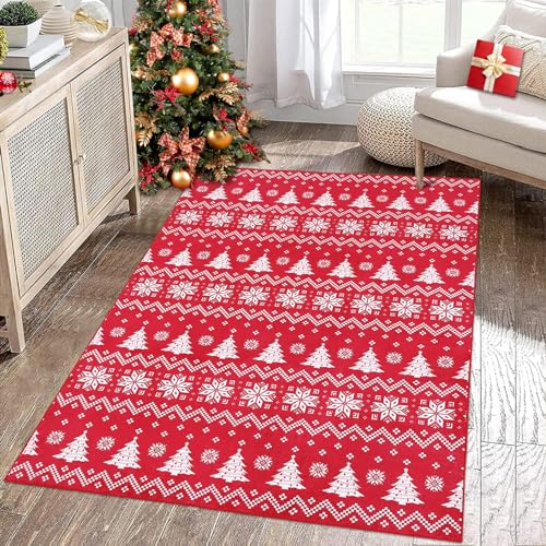 CAROMIO Weihnachts Wohnzimmerteppich, maschinenwaschbar, rutschfest, für den Innenbereich, weihnachtlicher dekorativer Teppich für Schlafzimmer, Esszimmer, Kinderzimmer, Rot, 140 x 200 cm von CAROMIO