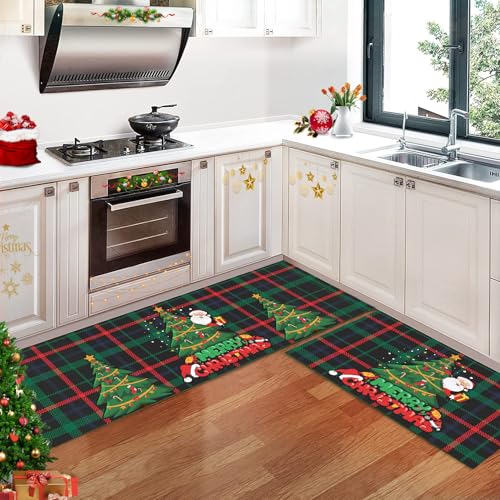 CAROMIO Weihnachtsbäume Schneeflocke Weihnachtsbaum Weihnachts Küchenmatten 2er-Set Winterdekor Flache rutschfeste Küchenteppiche für den Boden, 40 x 60 + 40 x 120 cm, Grün von CAROMIO