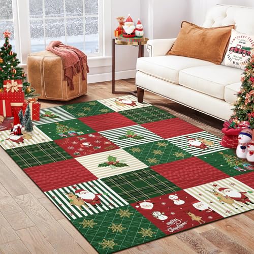 CAROMIO Weihnachtsdekorationsteppich, Rot Teppich für den Innenbereich Schneeflocke Elchteppich Weicher Teppich Bodenbelag Geometrische rutschfeste Matte Schlafzimmer Esszimmer Büro, Rot 80 x 150 cm von CAROMIO