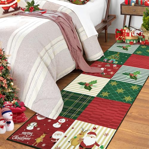 CAROMIO Weihnachtsteppich für den Flur, rutschfest Waschbar Elch Weihnachtsmann Schneeflocke Willkommens-Fußmatte für Küche Wäscherei Weihnachtsdekoration Winterferien, Rot/Grün 60 x 180 cm von CAROMIO