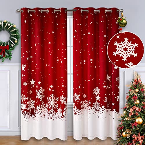 CAROMIO Weihnachtsvorhänge für Wohnzimmer 2 Panel Sets, Rot Samt Fenstervorhänge 213 cm lang, Floral Schneeflocke Dekoration Vorhänge, Thermo Isolierte Raumverdunkelungsvorhänge, 132 x 213 cm von CAROMIO
