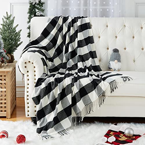 CAROMIO Wohndecke Weich Strick Wolldecke Quaste Gingham Plaid Kuscheldecke Sofadecke Schlafdecke Decke 127cm x 152cm (50" x 60") Mehrfarbig（Schwarz） von CAROMIO