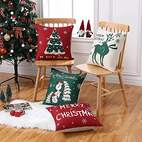 CAROMIO Kissenbezug Weihnachten, 4er Set Kissenhülle Grün mit Weihnachts Hirsch Muster, Linen Look Weihnachtskissenbezug Weihnachten Dekoration für Sofa Schlafzimmer, 45x45 cm von CAROMIO