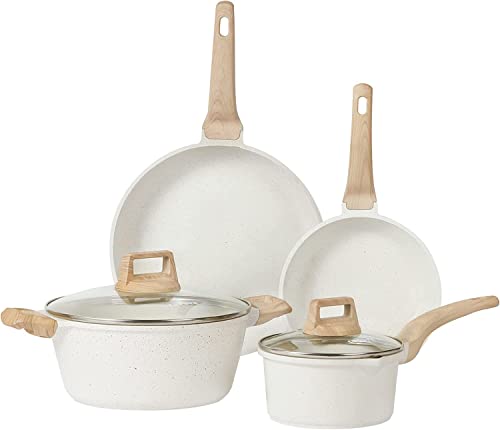CAROTE Antihaft-Töpfe und Pfannen-Set, weißes Granit, Induktionsküche, Kochgeschirr-Set, antihaftbeschichtet, mit Bratpfannen und Töpfen (PFOS, PFOA-frei) von CAROTE