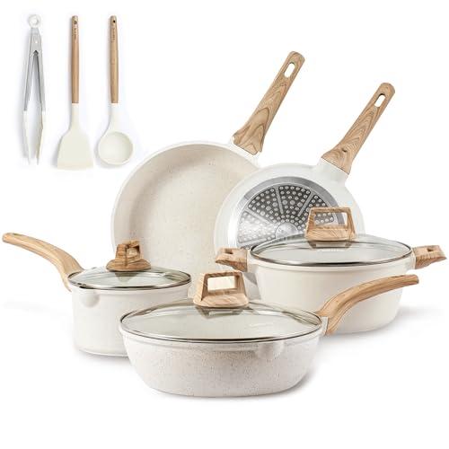CAROTE Pfannenset 13-Teilig | Töpfe mit Glasdecke l Bratpfanne Set tief | Pfannen Antihaftbeschichtung in Granit |Kochgeschirr Set Für alle Herdarten inkl. Induktion (13) von CAROTE