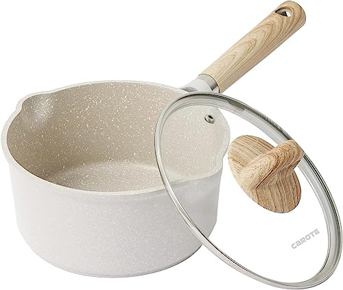CAROTE Stielkasserolle 20cm mit Deckel 2.4L Milchtopf mit Ausgießer,Kleine Pfanne mit Antihaftbeschichtung für öl- und fettfreies Braten,Kleiner kochtopf für alle Herdarten geeignet inkl. Induktion von CAROTE