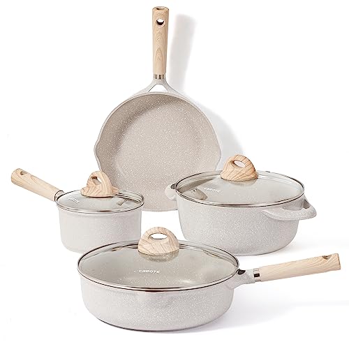 CAROTE Töpfe Pfannen 7-Teilig,Kochen Topfsets Pfannenset,Pfanne 24cm,Stielkasserolle 1.5L,Topf 4L,Tiefe Bratpfanne 28cm,Antihaft-Beschichtung mit Deckel,Kochgeschirr-Set,Induktionspfanne von CAROTE