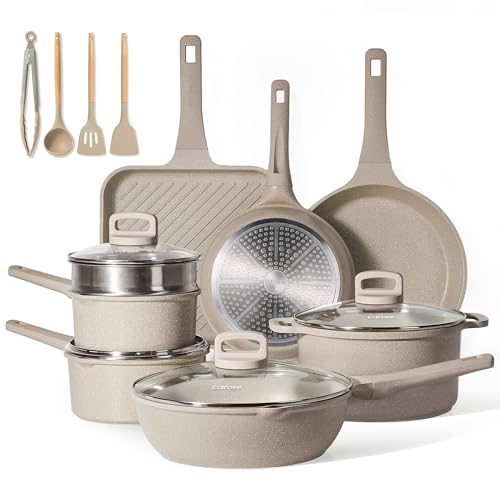 CAROTE Topf- und Pfannenset, antihaftbeschichtet, 16-teiliges Küchen-Kochgeschirr-Set, stapelbares Induktions-Kochgeschirr, Topf- und Pfannenset, Pfannen zum Kochen, Taupe Granit von CAROTE