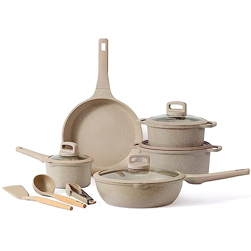 CAROTE Topfsets Pfannenset 12-Teilig,Pfanne 28cm,Stielkasserolle 1.7L,Topf 6.3/4L,Tiefe Bratpfanne 28cm,Antihaft-Beschichtung mit Deckel,Kochgeschirr-Set,Induktionspfanne von CAROTE