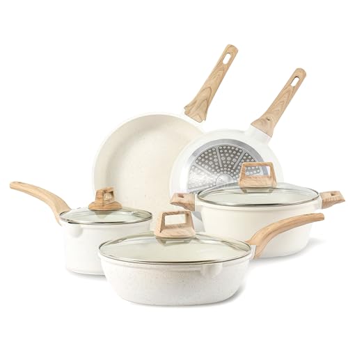 CAROTE Topfsets Pfannenset 8-Teilig,Pfanne 24/28cm,Stielkasserolle 18cm/1.7L,Topf 24cm 4L,Antihaft-Tiefe Bratpfanne 28cm Beschichtung mit Deckel,Kochgeschirr-Set,Induktionspfanne von CAROTE