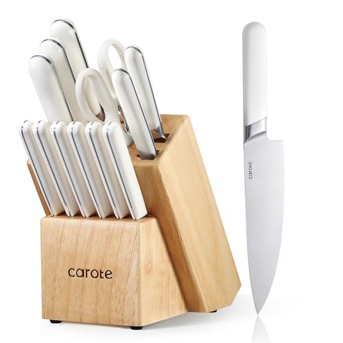 Messerblocksets Carote Gourmet Selbstschärfender Messerblock Set 14-teilig, Messer und Schere aus rostfreiem Edelstahl/Kunststoff-Griff, Holzblock Esche, Profi Scharf Küchenmesserset von CAROTE