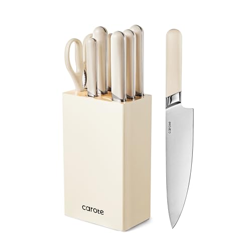 Messerblocksets Carote Gourmet Selbstschärfender Messerblock Set 8-teilig, Messer und Schere aus rostfreiem Edelstahl/Kunststoff-Griff, Holzblock Esche von CAROTE