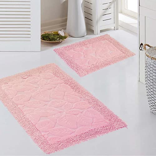 CARPETIA Badematten Set 2-teilig - waschbar - Blätterdesign in pink, Größe 50x60cm + 60x100 cm von CARPETIA