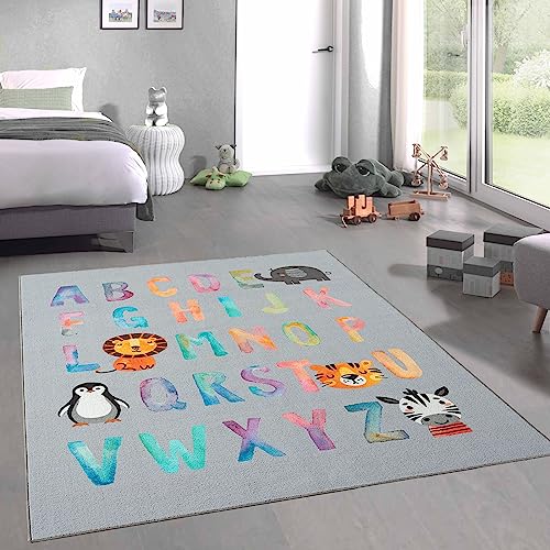 CARPETIA ABC-Lernteppich für Kinder • Bunte Tiermotive Spielspaß Löwe & Pinguin • grau, 120 x 160 cm von CARPETIA